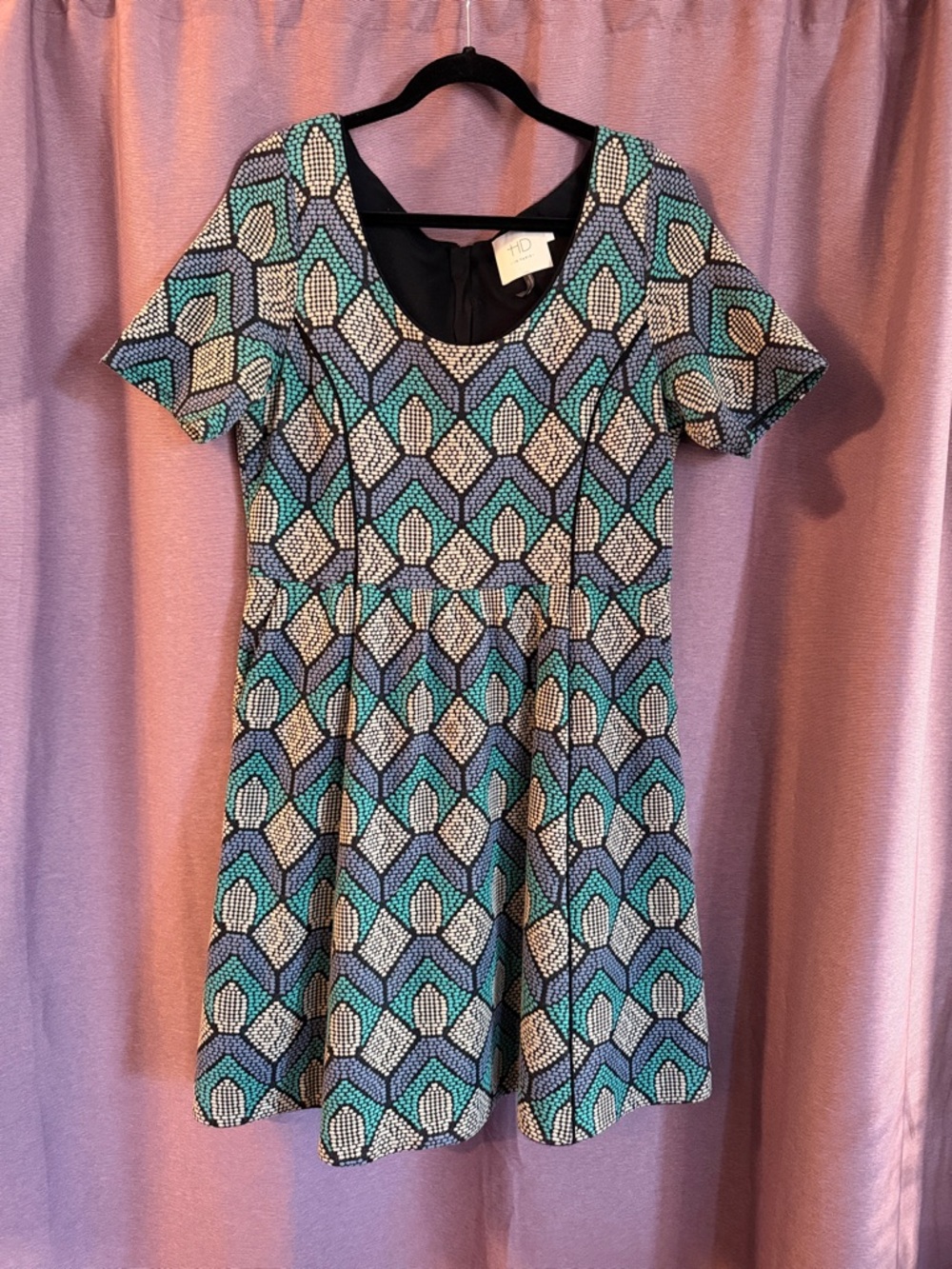 Anthro Teal, Navy & White Geometric Fit-and-Flare Dress